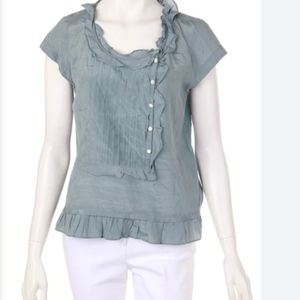 J. Crew Nickleby Bib Ruffle Silk Blend Blouse, Gray Cap Sleeves, Size 12